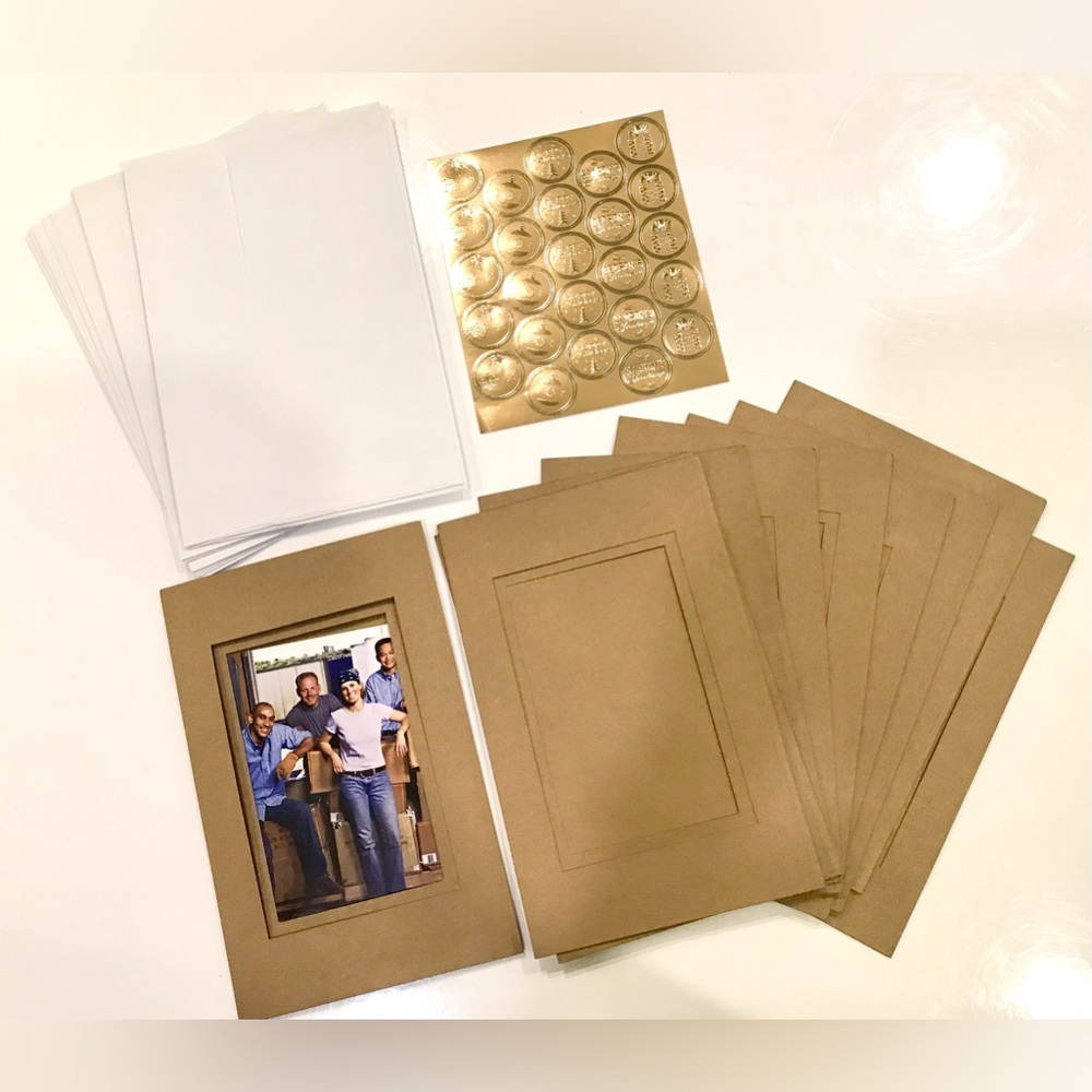 10 Golden Photo Frame Cards, with Mounting Pads, Envelopes, and Christmas Seals
